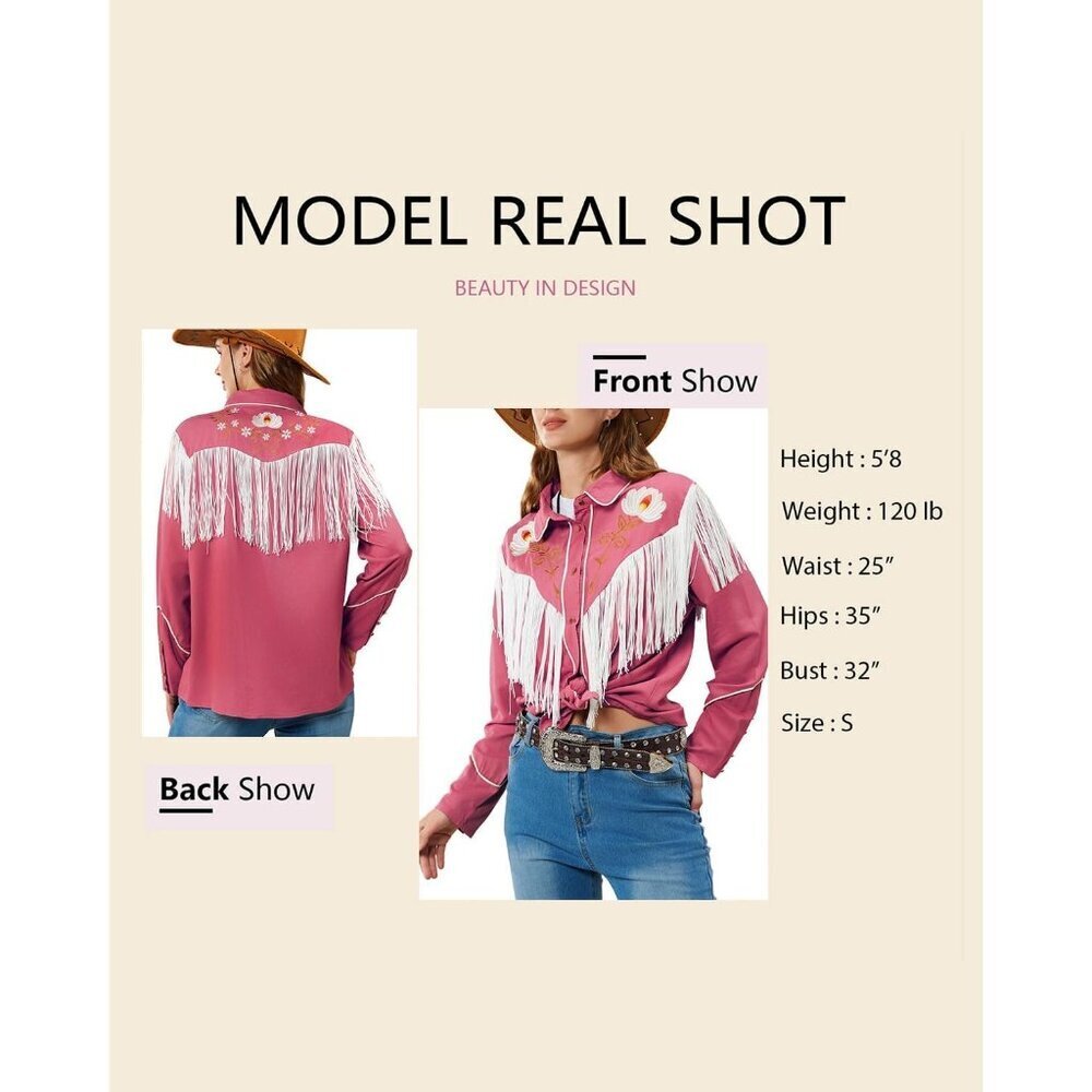 Women's Pink Floral Embroidered Fringe Western Rodeo Button Down Blouse Tops - Picture 5 of 5